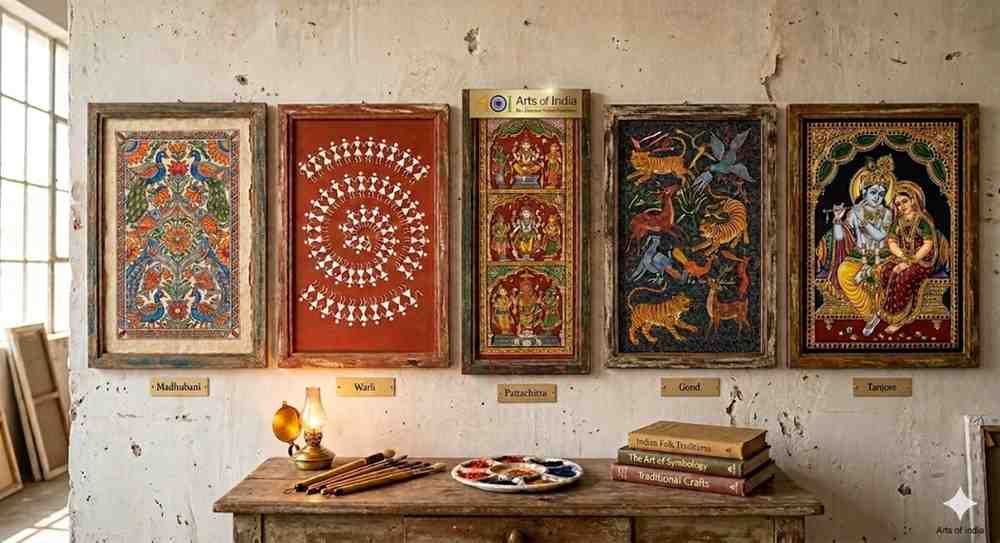 "A collection of five traditional Indian art forms—Madhubani, Warli, Pattachitra, Gond, and Tanjore—presented by Arts of India.