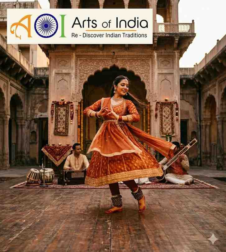 An elegant Kathak dancer performing in a traditional Indian