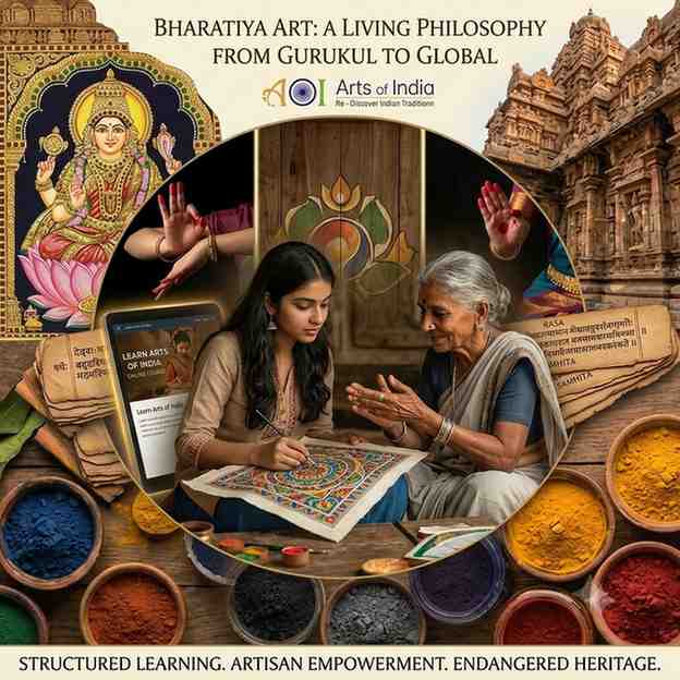 Collage of traditional Indian art with "Arts of India" logo.