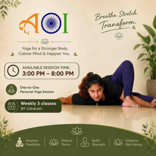 AOI Yoga poster promoting weekly yoga classes by Usharani