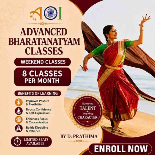 Advanced Bharatanatyam classes poster with dancer in pose