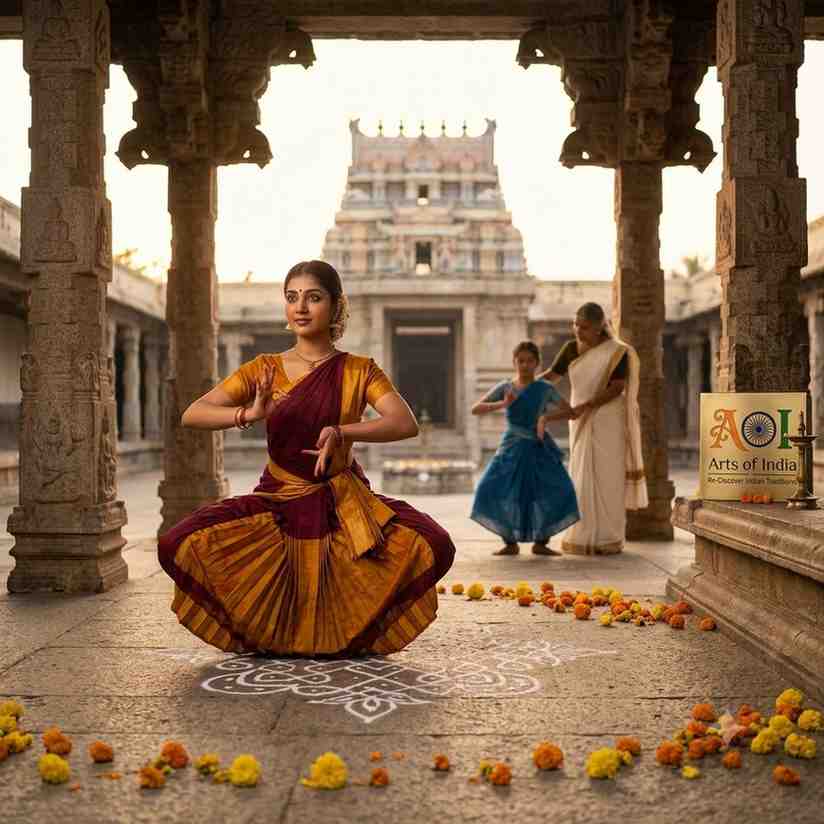 Bharatanatyam dancer in Aramandi pose with Arts of India logo
