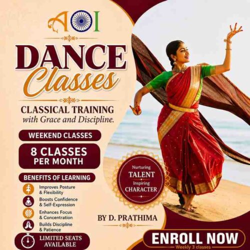 Classical dance class poster with Bharatanatyam dancer and AOI