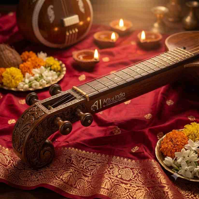 Detailed wooden Saraswati Veena resting on silk fabric