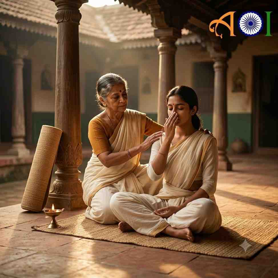 Yoga mentor guiding student in traditional courtyard.
