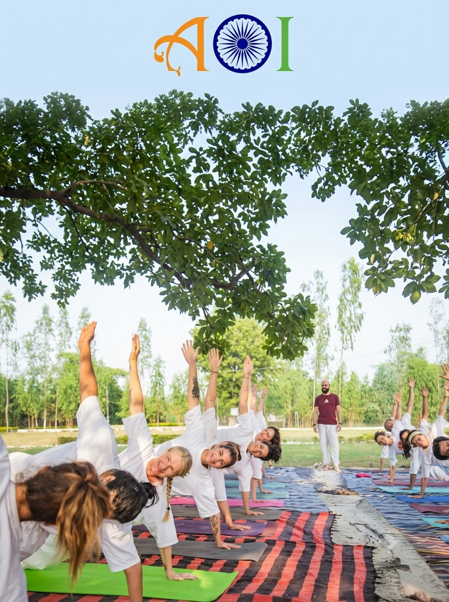 A diverse yoga class stretches under a logo featuring a blue chakra wheel.