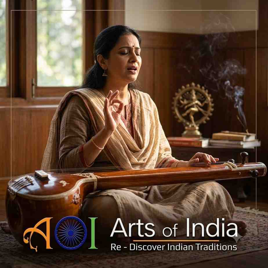 Indian classical vocal student practicing with Tanpura in soft morning light.