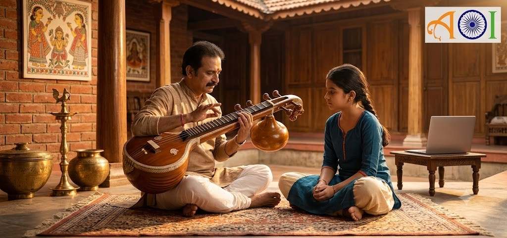 Guru teaching Veena to student with AOI logo overlay.
