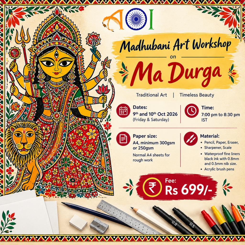 Madhubani Durga art workshop poster featuring goddess, lion, dates, materials, and ₹699 fee.