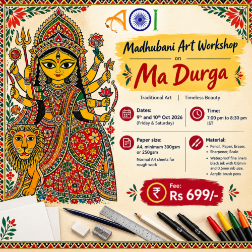 Madhubani Durga art workshop poster featuring goddess, lion, dates, materials, and ₹699 fee.